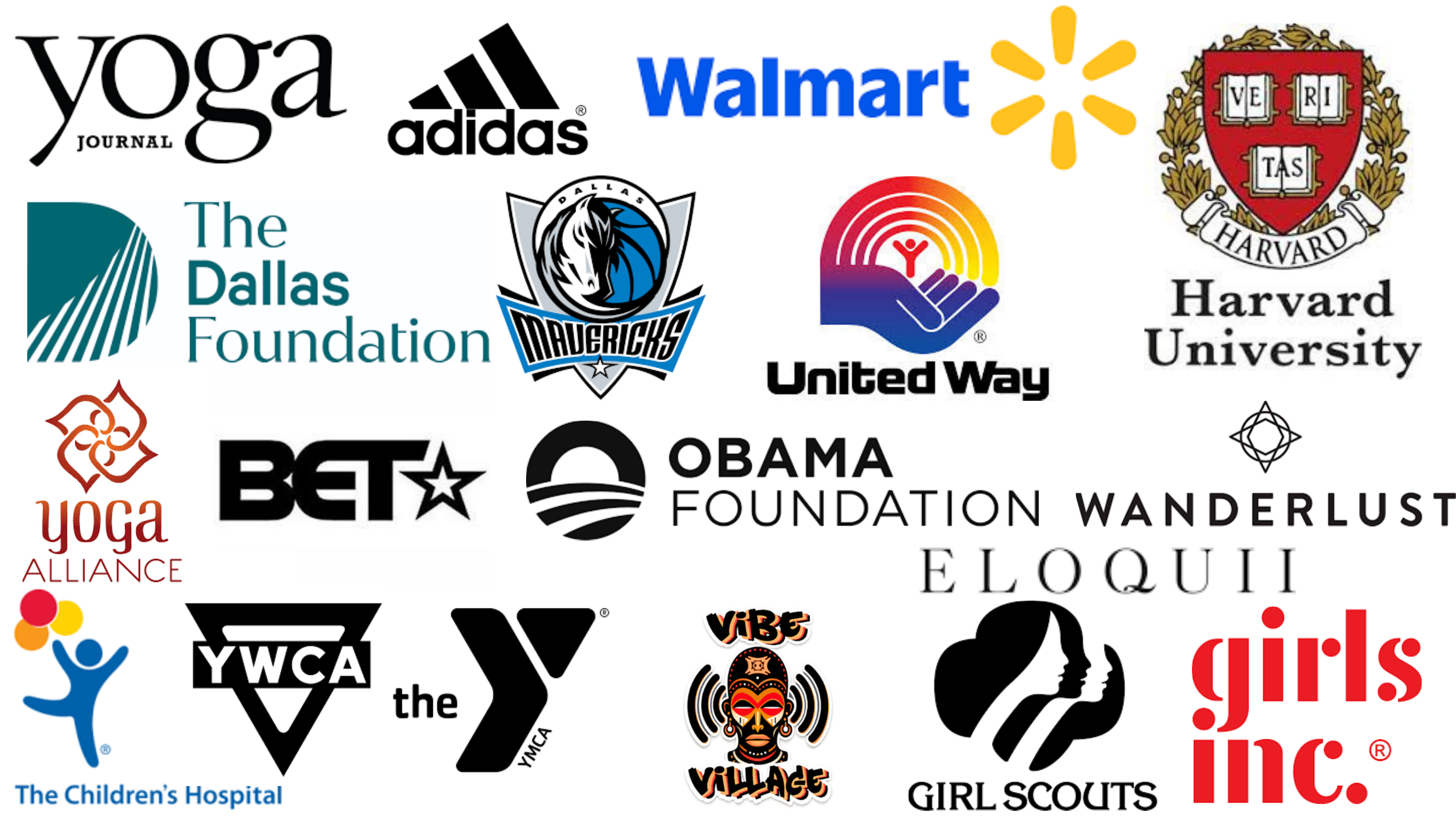 Logos of organizations Yoga N Da Hood has worked with, presented at, or been featured by
